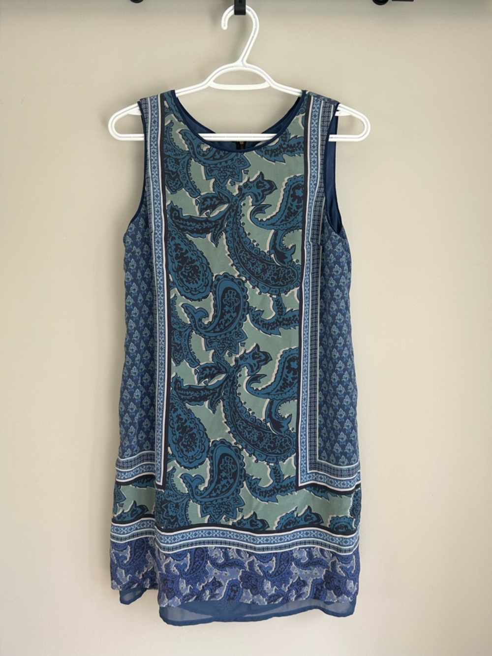 Silk Sleeveless Blue Paisley Shift Dress Small to Medium